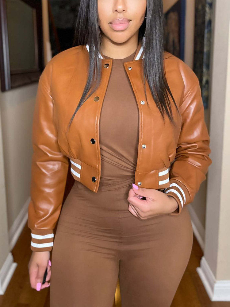 PU Leather Button Jacket Brown / S