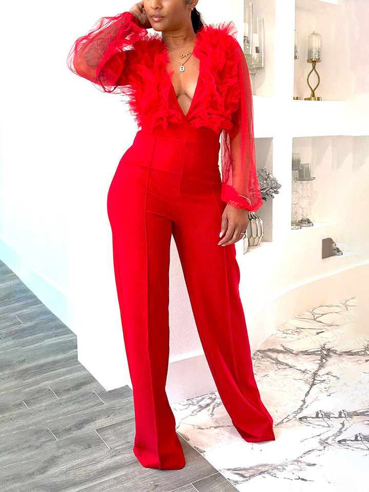 Mesh V Neck Jumpsuit Red / XL