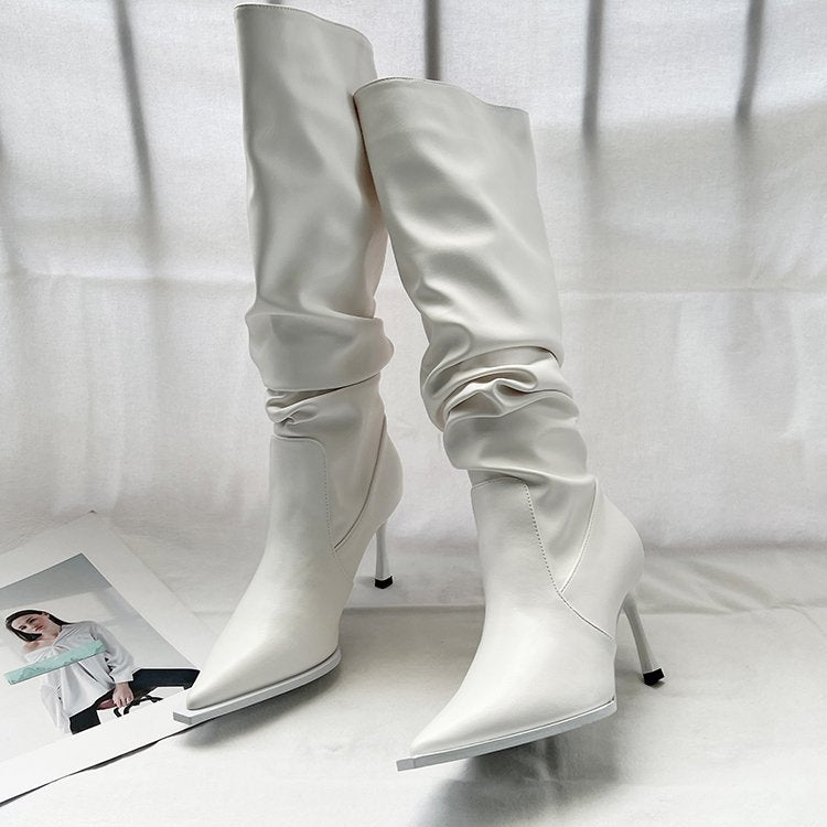 Pointed-Toe Pleated Knee-High Boots