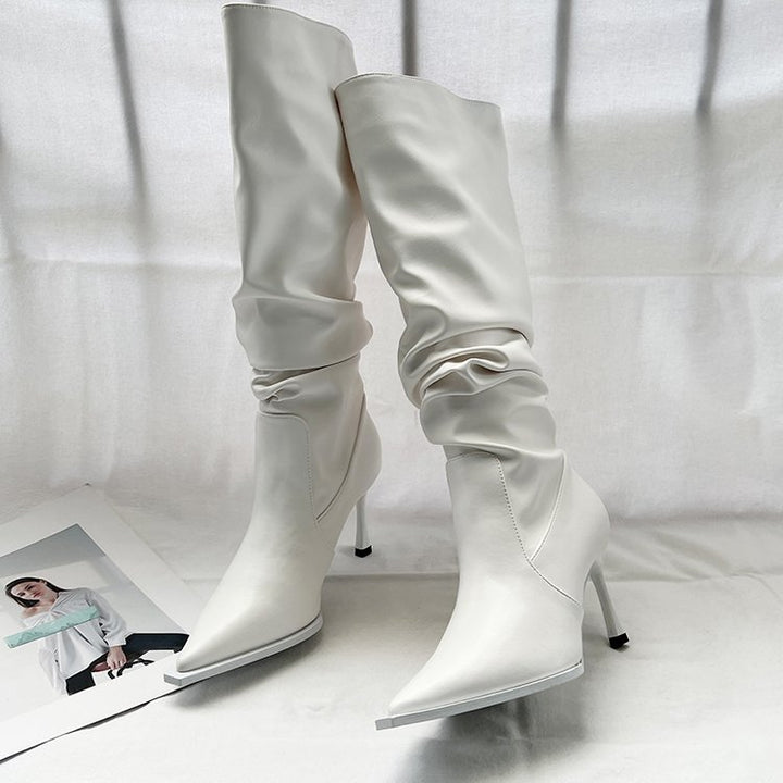Pointed-Toe Pleated Knee-High Boots