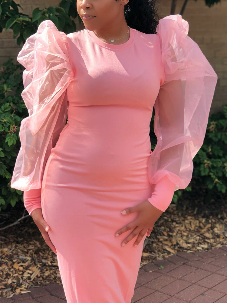 Elegant Puff Sleeve Maxi Dresses Pink / XL