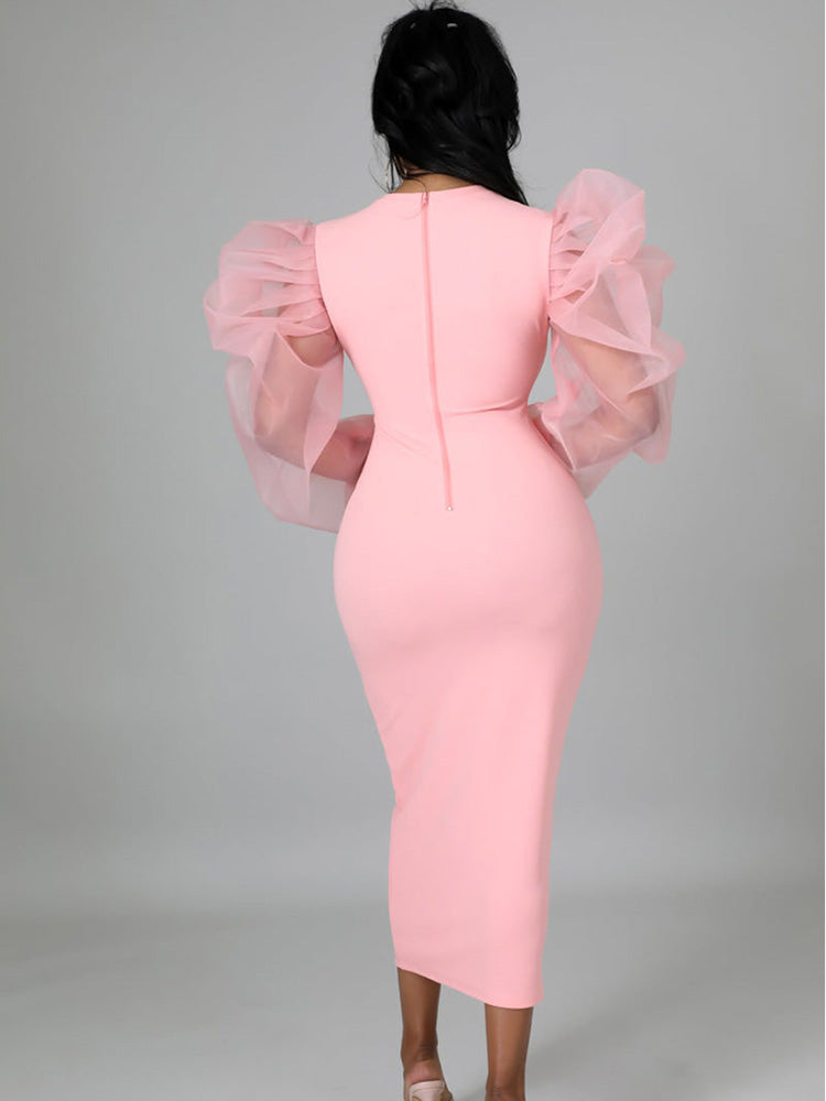 Elegant Puff Sleeve Maxi Dresses Pink / 4XL