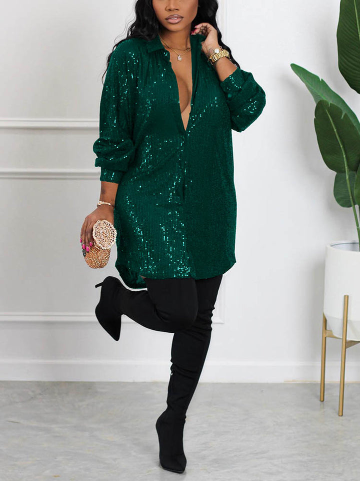 Sequin Shirt Mini Dress Beige / XL