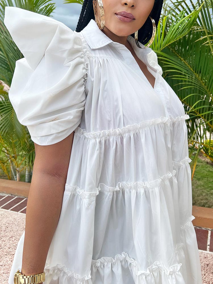 Puff Sleeve Ruffle Shirt Dress White / 2XL