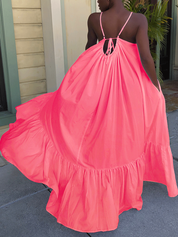 Spaghetti Strap Ruffle Maxi Dress Pink / 2XL