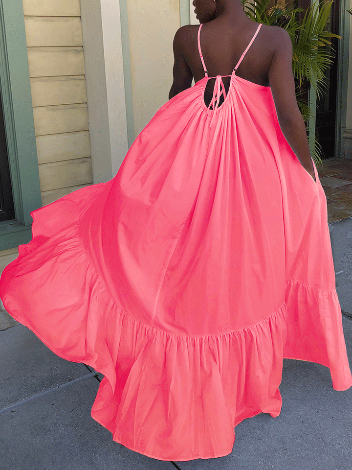 Spaghetti Strap Ruffle Maxi Dress Pink / 2XL
