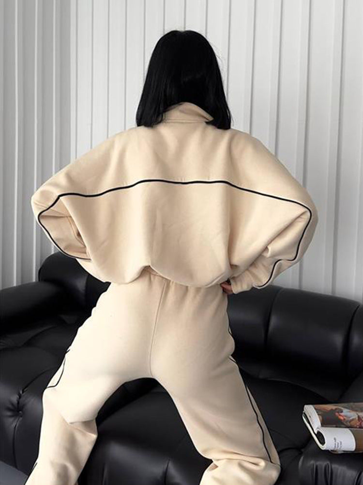 Fashion Turtleneck Cardigan Striped Sweatshirt Set