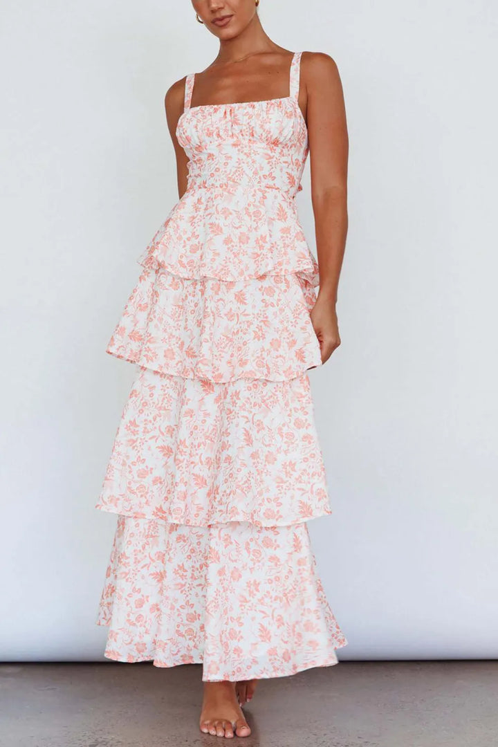 Floral Print Tie up Tiered Midi Dress