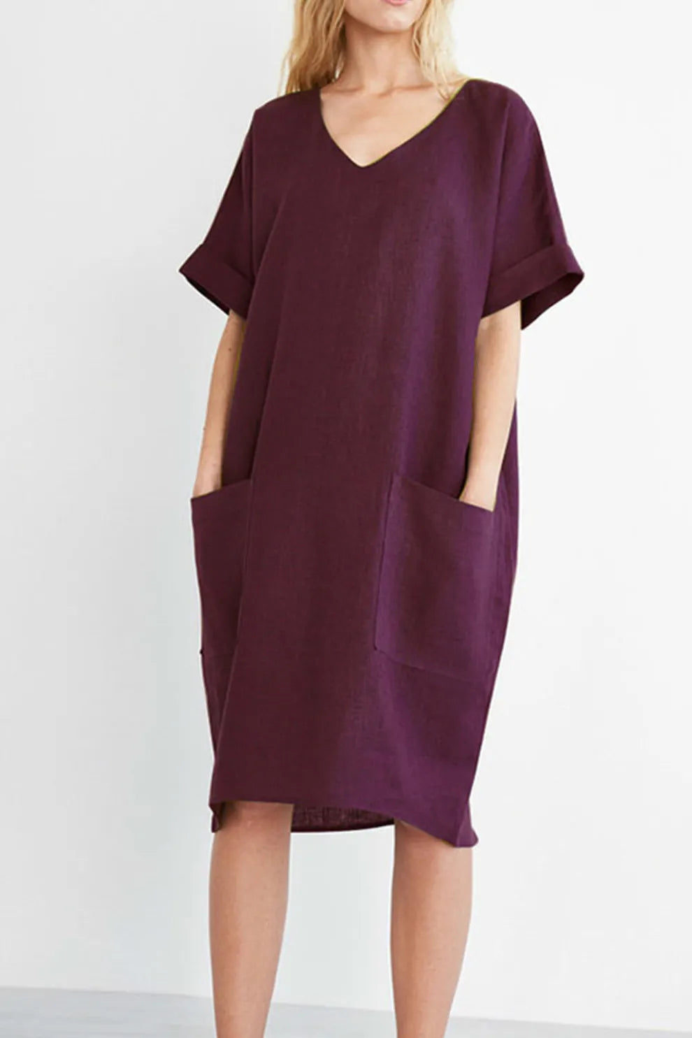 V Neck Short Sleeve Pocketed Cotton Dress