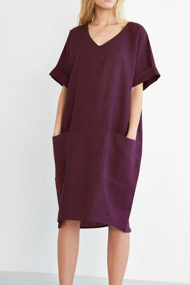 V Neck Short Sleeve Pocketed Cotton Dress