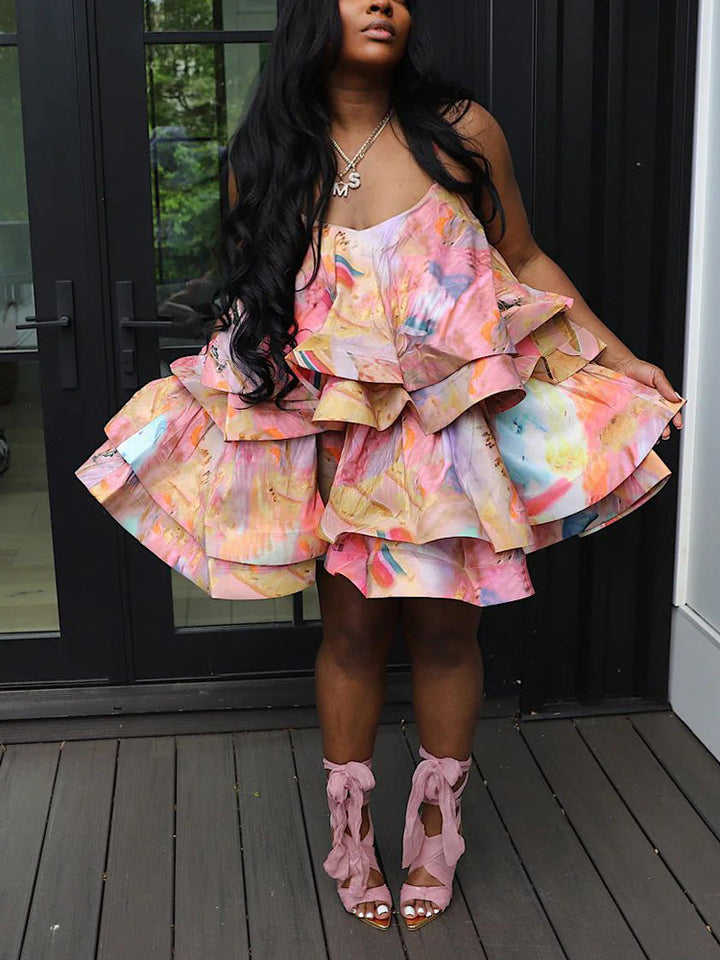 Spaghetti Strap Tiered Ruffle Mini Dress Pink / L