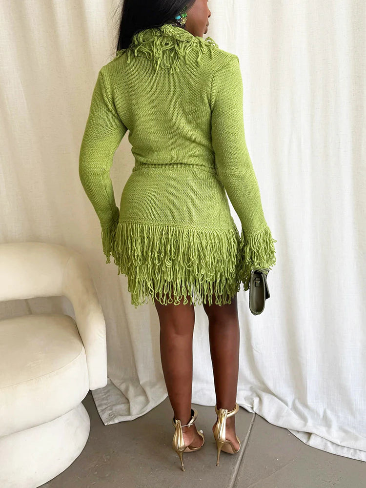 Fringe Knit Sweater & Skirt Set