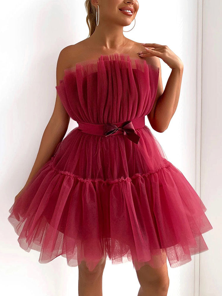 Bow Decor Layered Tulle Cocktail Dress Burgundy / L