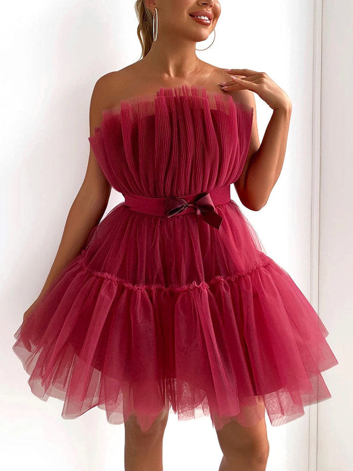 Bow Decor Layered Tulle Cocktail Dress Burgundy / L