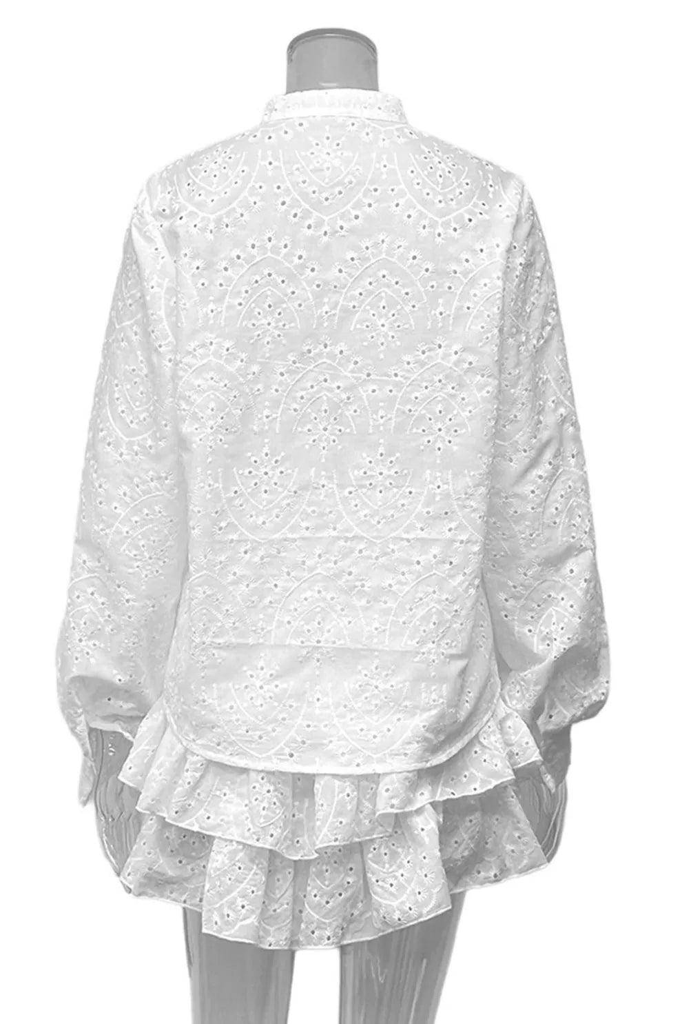 Hollow-out Jacquard Blouse Tiered Shorts Set
