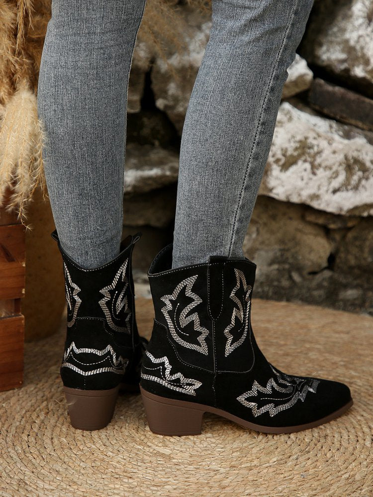 Pointed Toe Embroidered Women's Leather Boots
