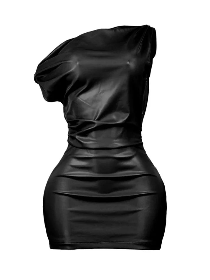 One Shoulder Leather Mini Dress