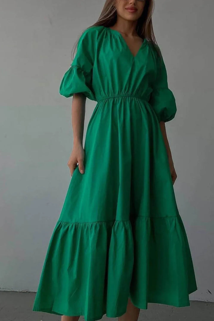 Half Sleeve V Neck High Waist Midi Dress