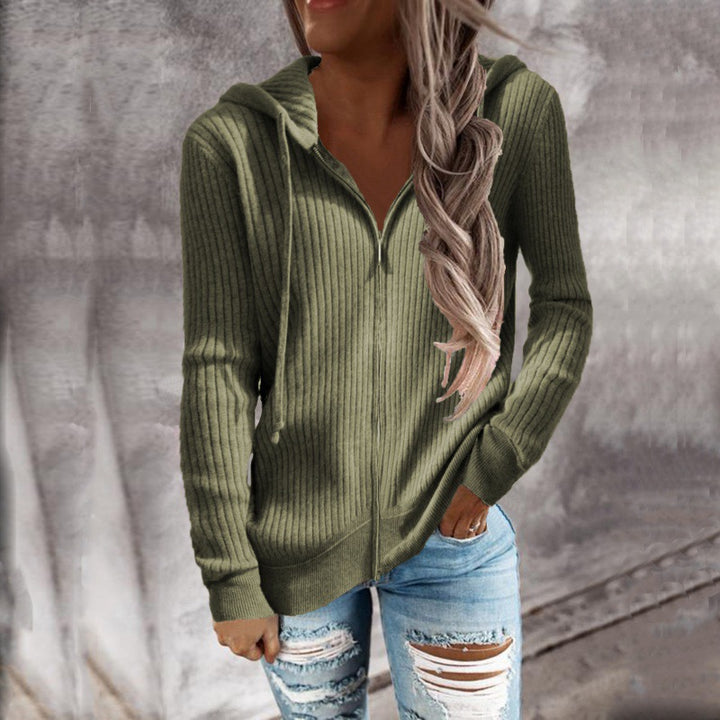 Loose Striped Casual Zipper Hooded Sweatshirt