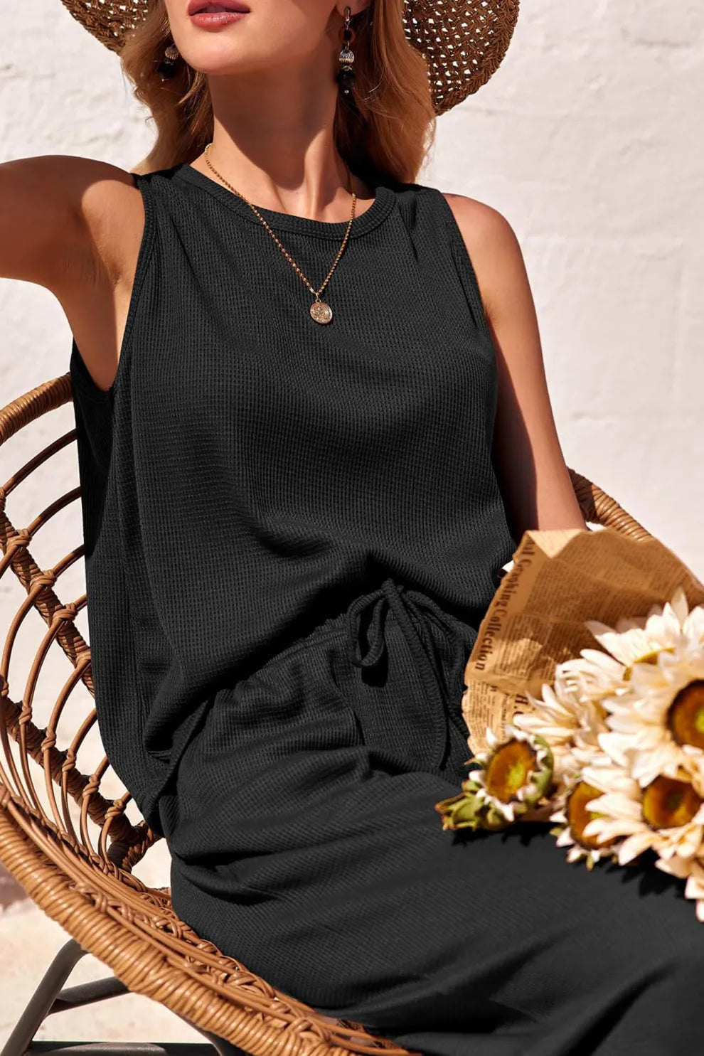 Waffle Tank Top Two piece Pants Set