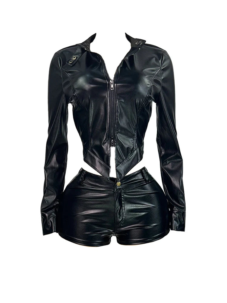 Leather Crop Jacket & Shorts Set