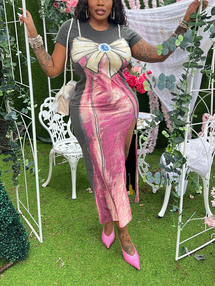 Pearl Bow Print Dress Pink / S