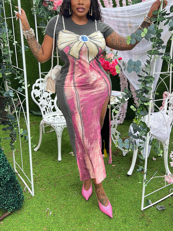 Pearl Bow Print Dress Pink / S