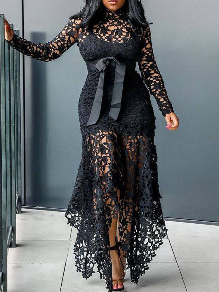 Lace O Neck Irregular Maxi Dress Green / 4XL