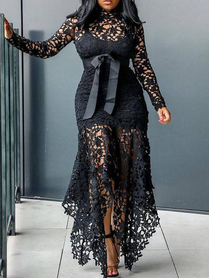 Lace O Neck Irregular Maxi Dress Green / 4XL