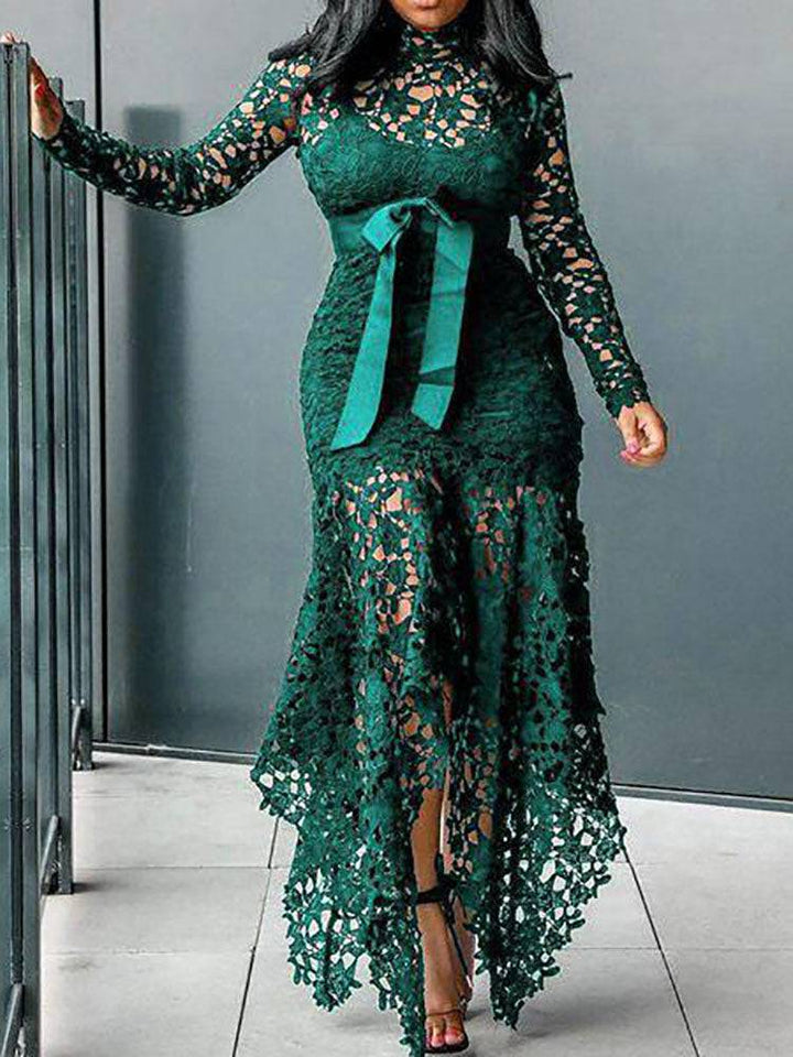 Lace O Neck Irregular Maxi Dress Green / S