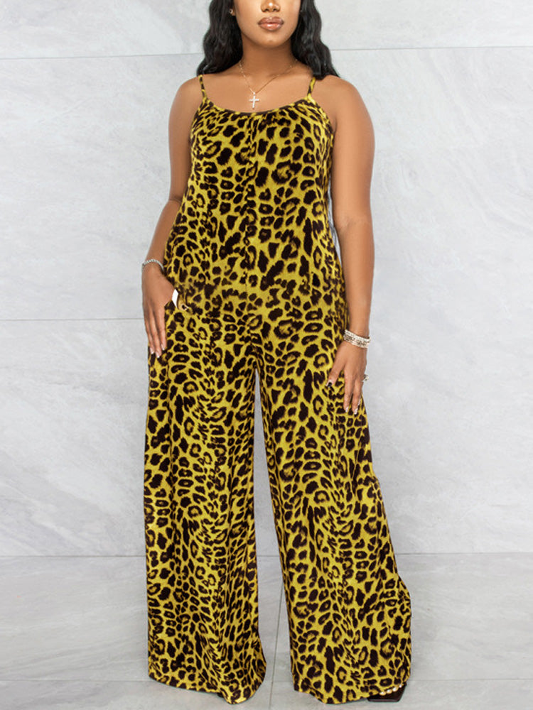 Leopard Spaghetti Strap Jumpsuit Khaki / 5XL
