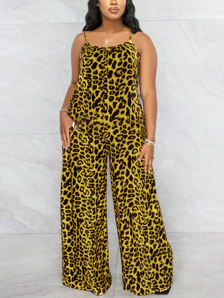 Leopard Spaghetti Strap Jumpsuit Khaki / 5XL