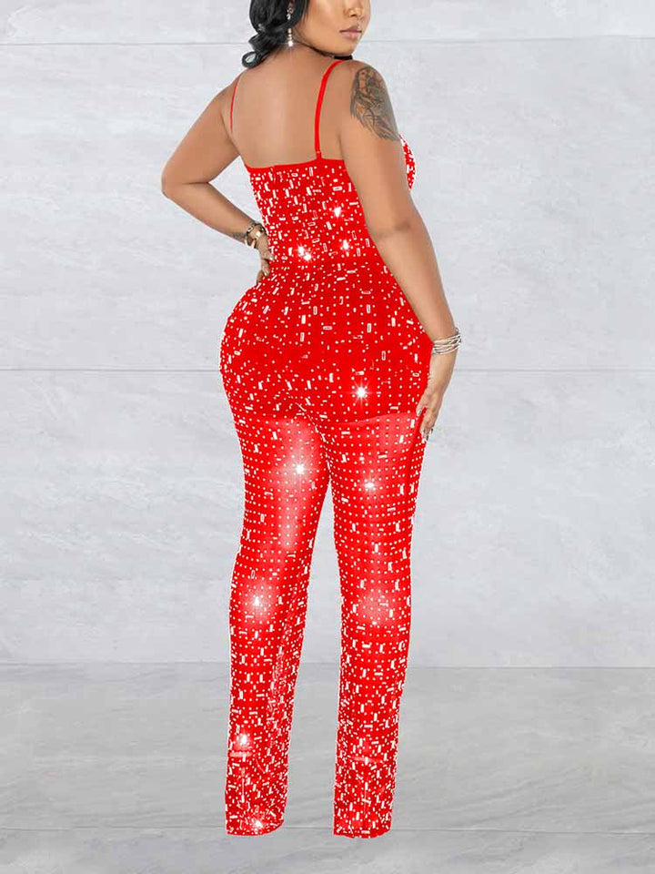 Rhinestone Mesh Jumpsuit White / L