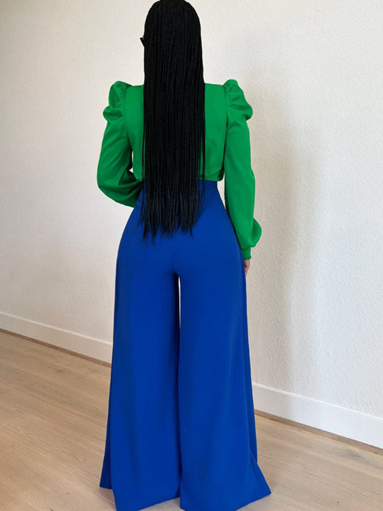 Puff Sleeve Back Ties Tops Green / XL