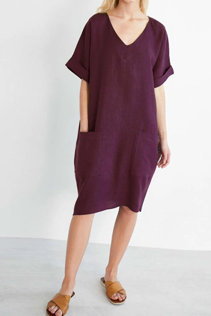 V Neck Short Sleeve Pocketed Cotton Dress