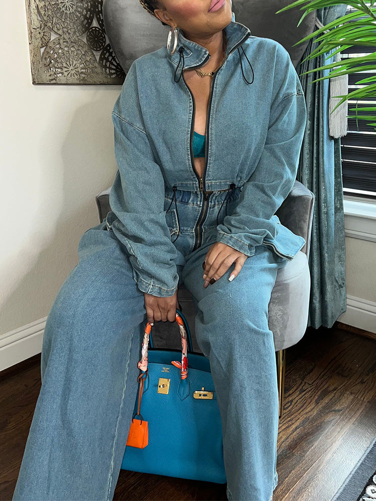 Denim Jacket & Wide Pants Set Black / M