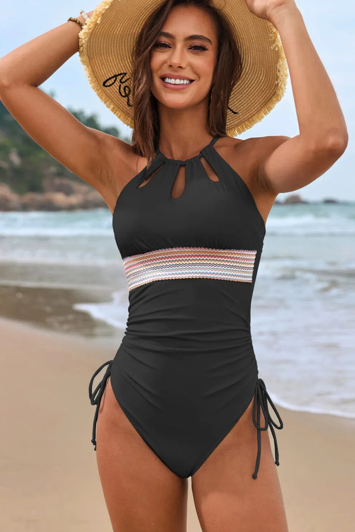 Solid Color Patchwork Halter One-Piece Swimsuit