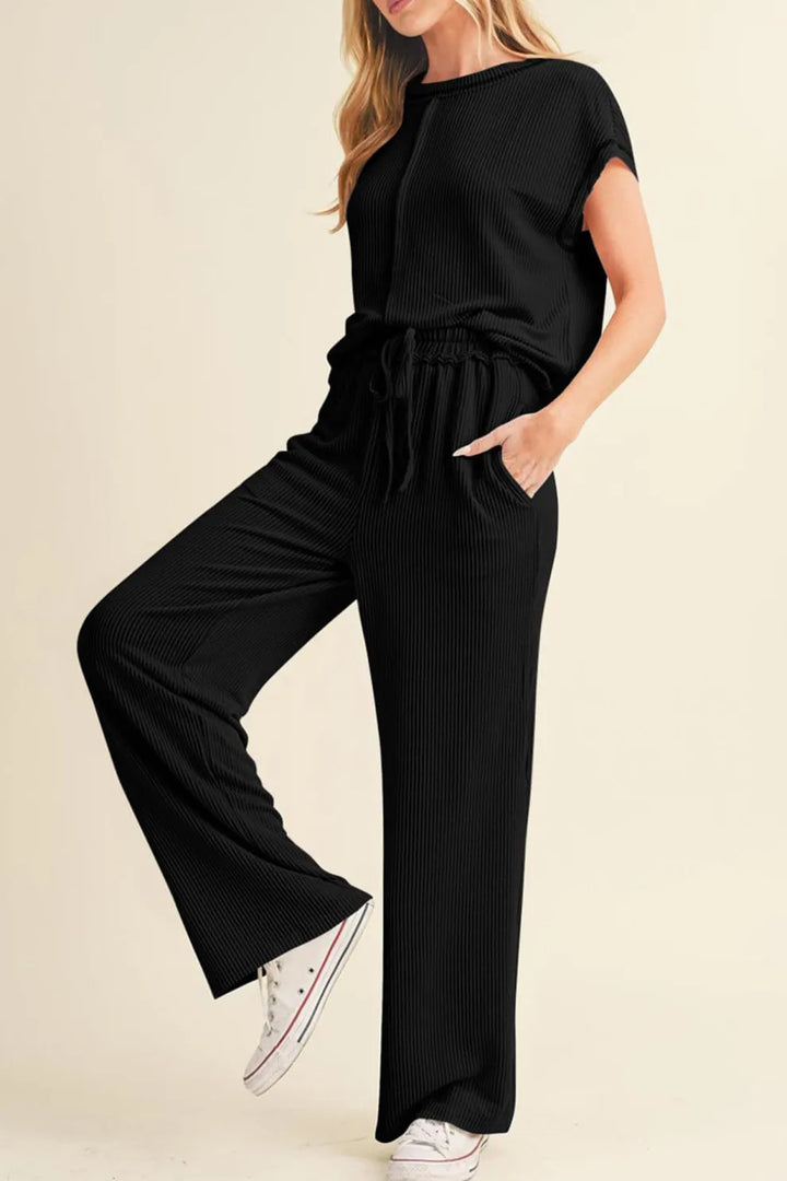 Ribbed T-shirt Wide Leg Long Pants Set
