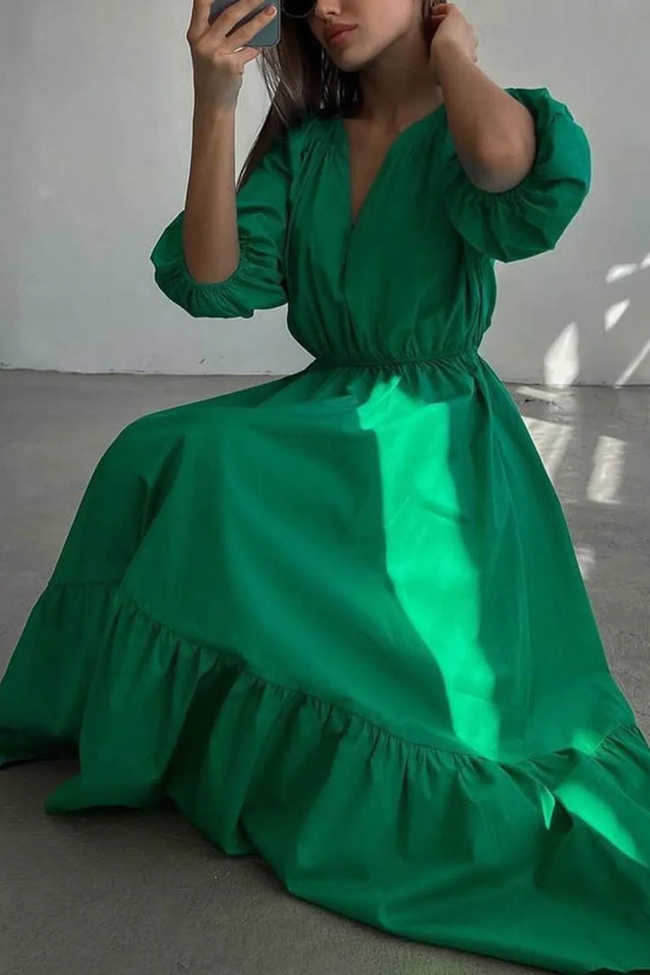 Half Sleeve V Neck High Waist Midi Dress