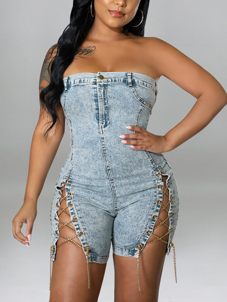 Strapless Denim Lace-up Romper Light Blue / M