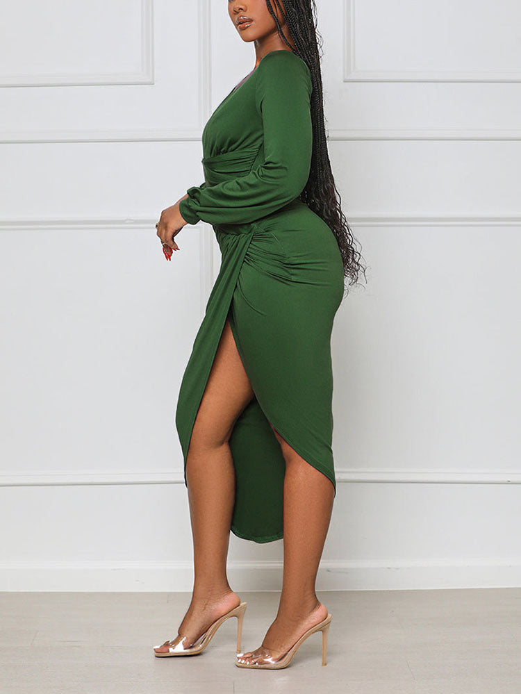 Asymmetrical Ruched Midi Dress Green / L