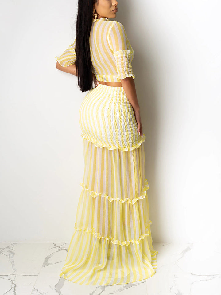 Striped Crop Top Ruffle Skirt Set Pink / 2XL