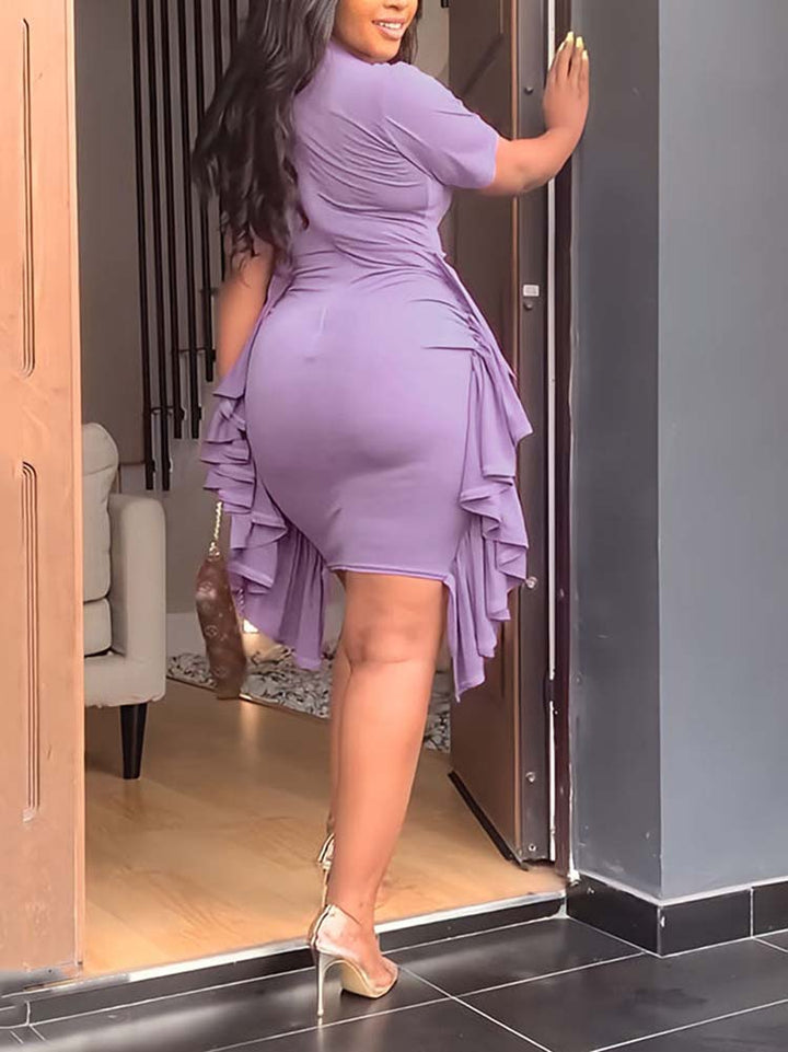 Solid Color Ruffle Bodycon Dress Purple / XL