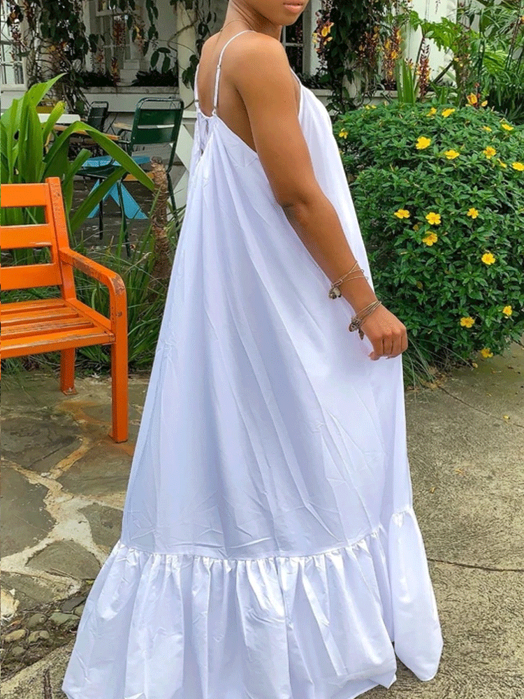 Spaghetti Strap Ruffle Maxi Dress Yellow / XL