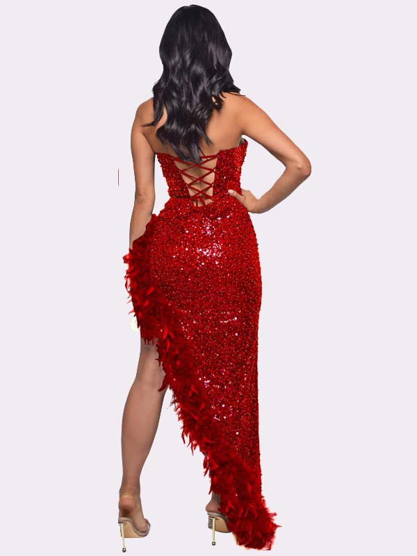 Sequin Feather Trimmed Dress Red / 2XL