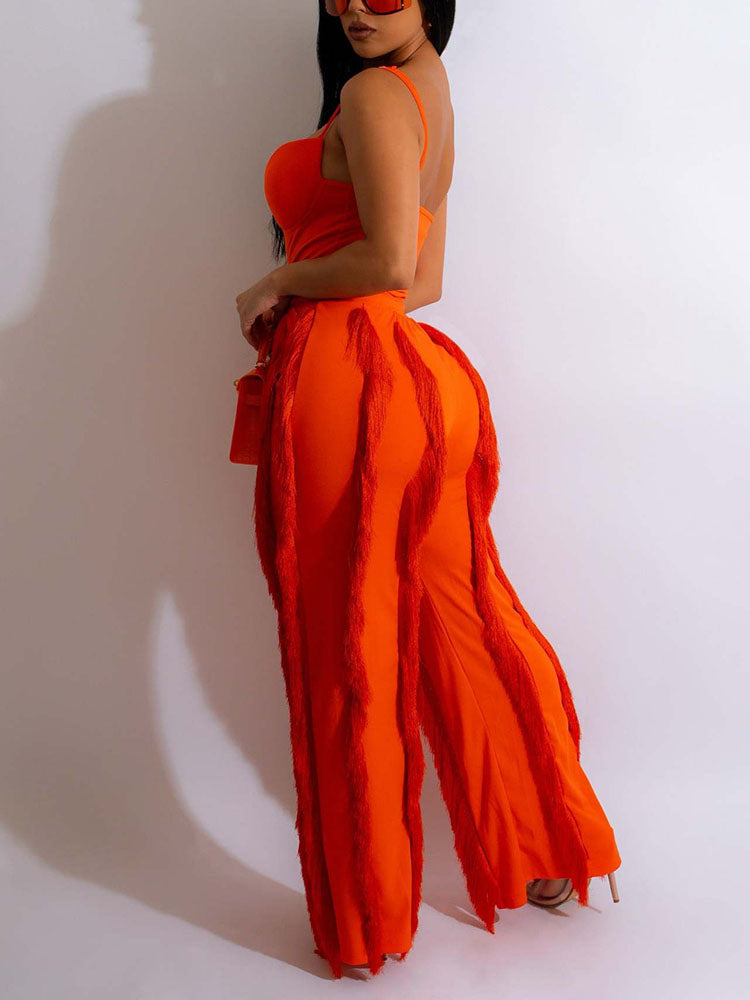 Spaghetti Strap Top Fringe Pants Set Black / L