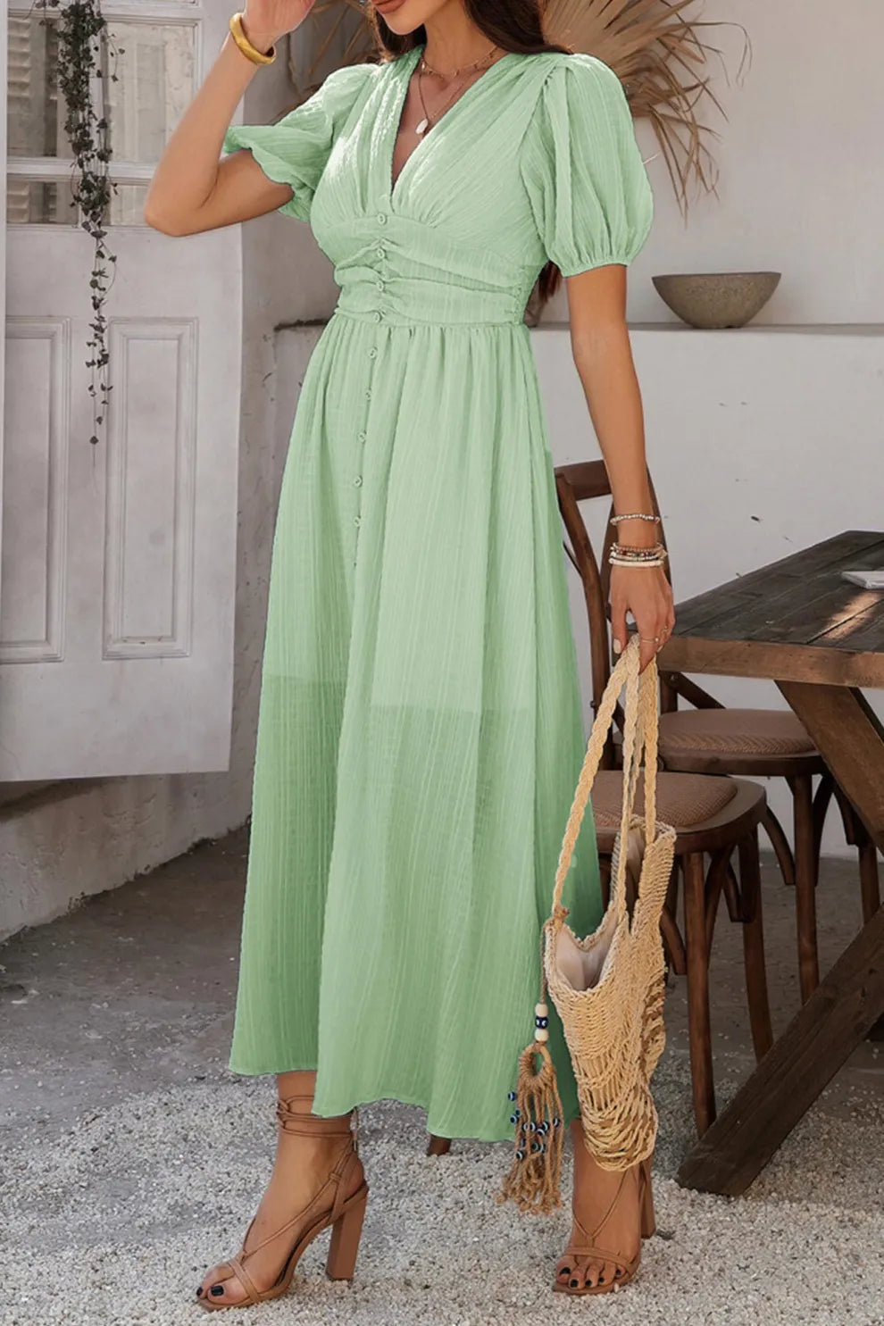 Puff Sleeve Single Breasted Slit Dress