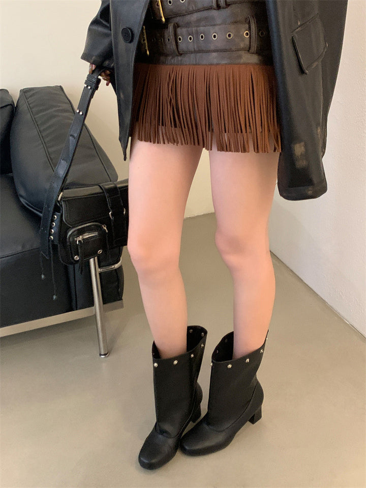 Riveted Detachable Round-Toe Long Boots