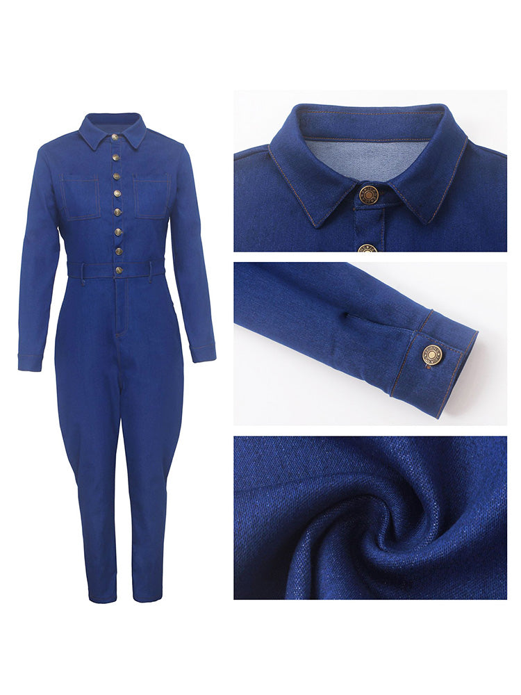 Button Skinny Denim Jumpsuit Blue / M