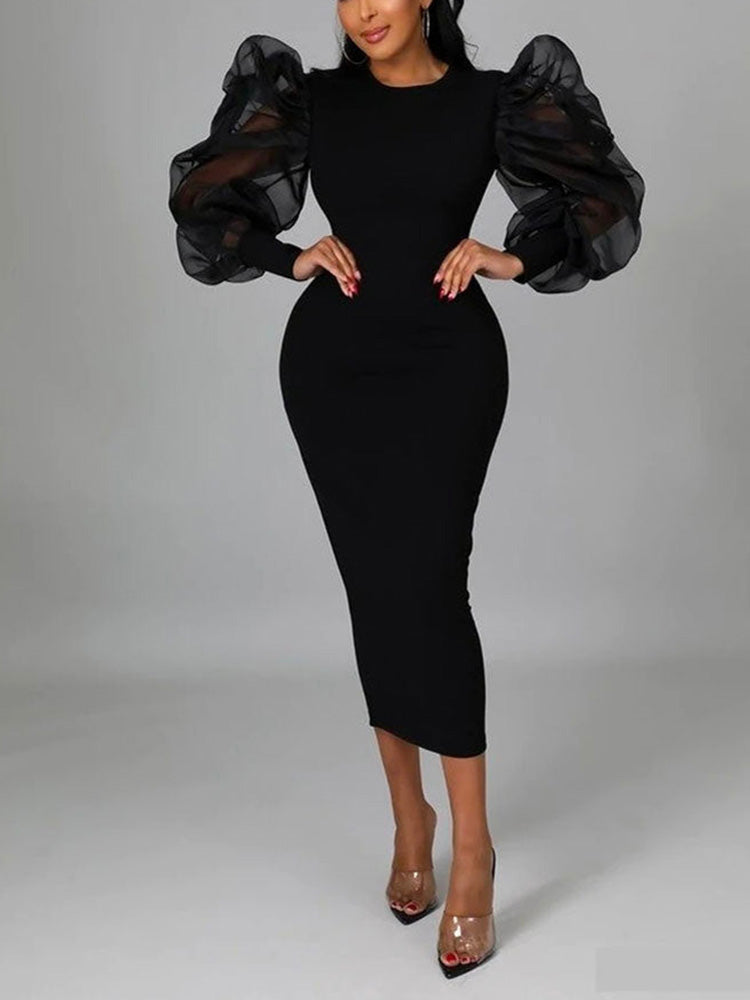 Elegant Puff Sleeve Maxi Dresses Black / 2XL